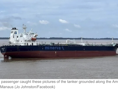Low Water on the Amazon Strands Tanker Near Manaus